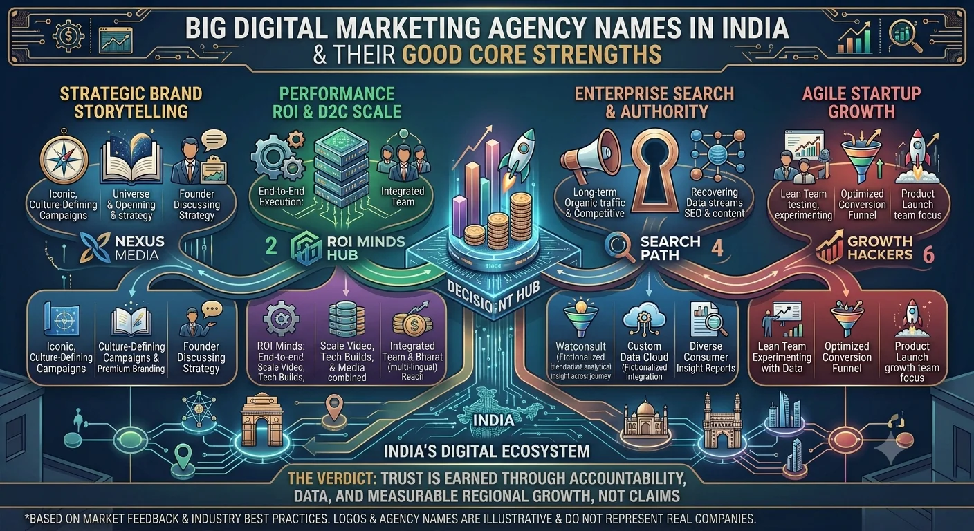 What are the big digital marketing company names in India, and what is each one known for?